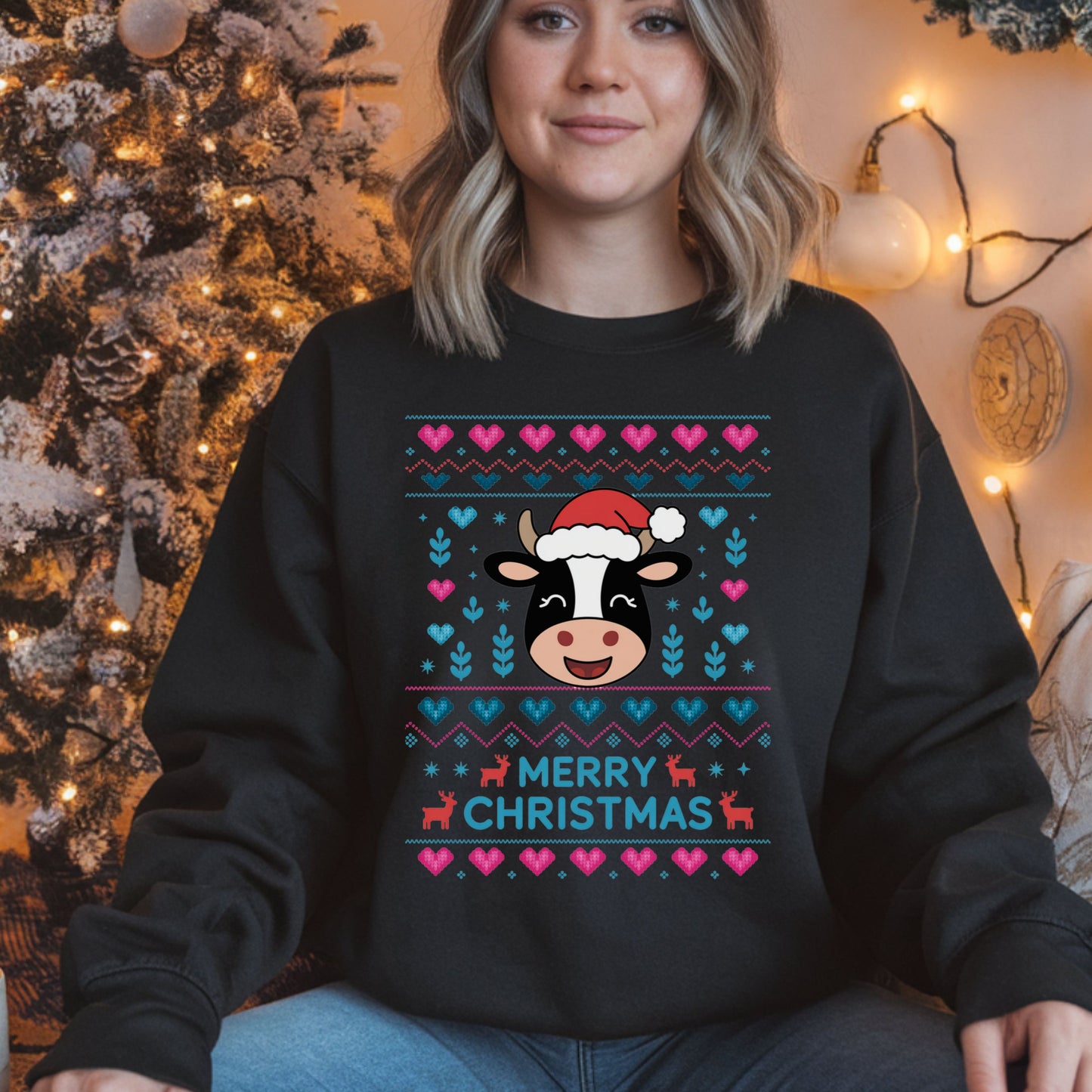 Ugly Christmas Sweater Cow Print Sweatshirt Merry Christmas Holiday Jumper Festive Winter Clothing funny Xmas gift