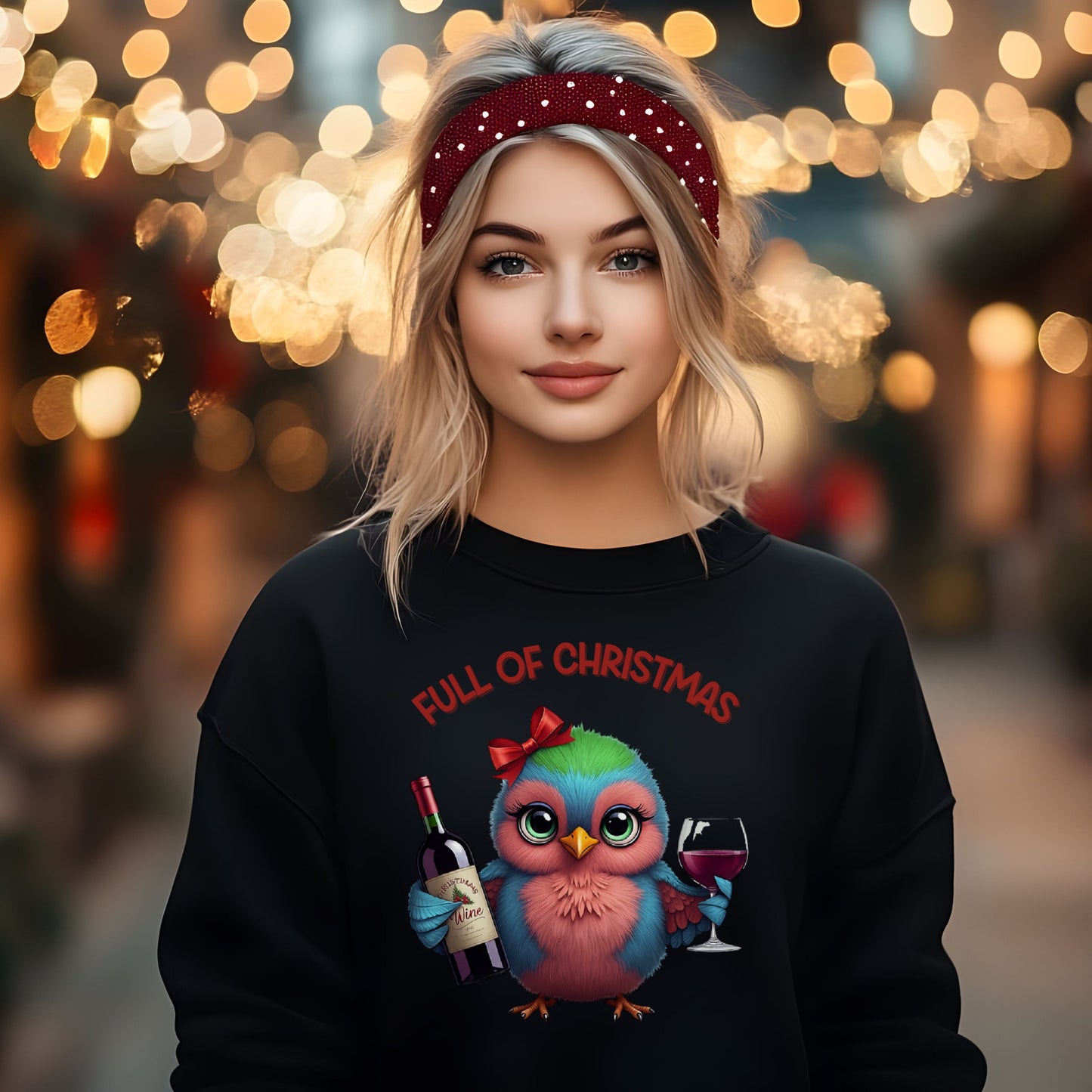 Full of Christmas Wine Sweatshirt, Cute Bird Xmas Sweatshirt, Funny Holiday Drinking Shirt, Wine Lover Christmas Gift, Bird Lover Gift