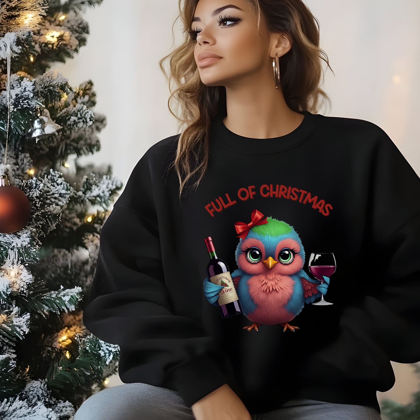 Full of Christmas Wine Sweatshirt, Cute Bird Xmas Sweatshirt, Funny Holiday Drinking Shirt, Wine Lover Christmas Gift, Bird Lover Gift