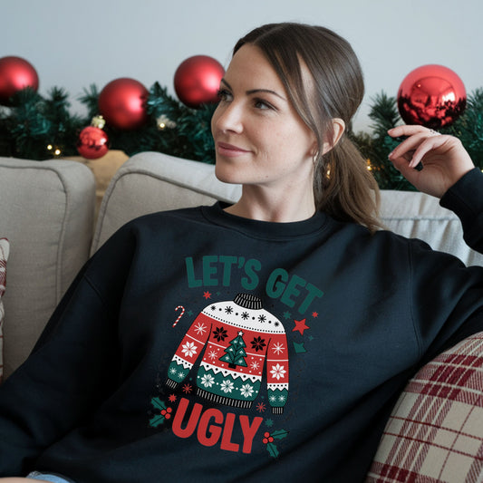 Ugly Christmas Crewneck Sweatshirt, Lets Get Ugly Design, Holiday Sweater, Unisex Jumper, Christmas Theme Pullover, Ugly Sweater Party
