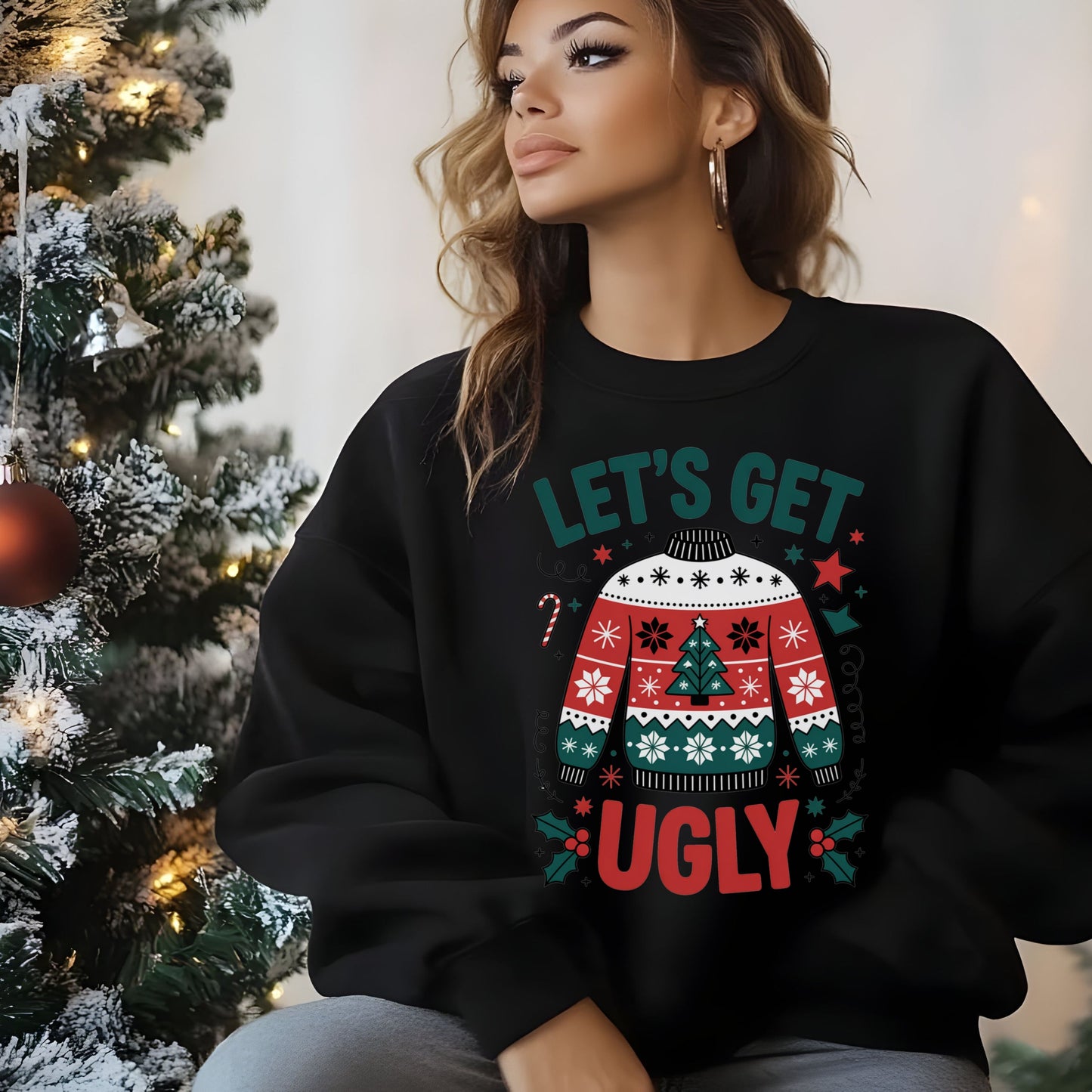 Ugly Christmas Crewneck Sweatshirt, Lets Get Ugly Design, Holiday Sweater, Unisex Jumper, Christmas Theme Pullover, Ugly Sweater Party