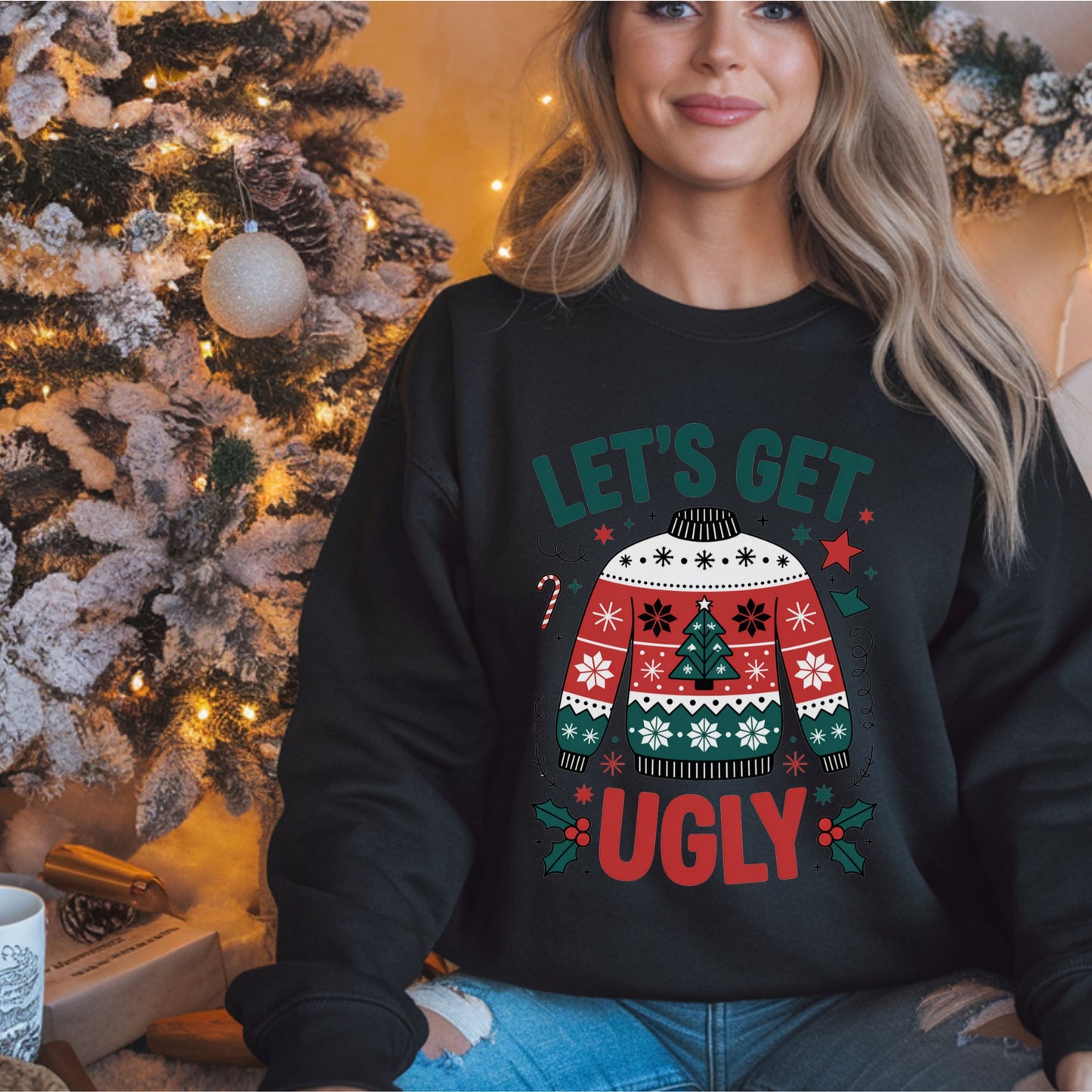 Ugly Christmas Crewneck Sweatshirt, Lets Get Ugly Design, Holiday Sweater, Unisex Jumper, Christmas Theme Pullover, Ugly Sweater Party