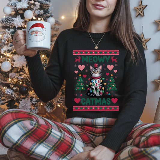 Meowy Catmas Christmas Sweatshirt for Cat Lovers Cozy Xmas Sweat, Holiday Ugly Sweater style Apparel Christmas Sweater, Funny Cat Sweatshirt