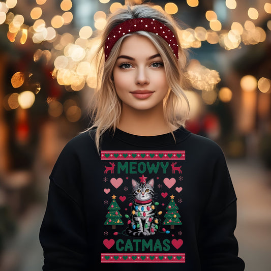 Meowy Catmas Christmas Sweatshirt for Cat Lovers Cozy Xmas Sweat, Holiday Ugly Sweater style Apparel Christmas Sweater, Funny Cat Sweatshirt