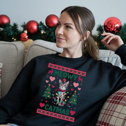 Meowy Catmas Christmas Sweatshirt for Cat Lovers Cozy Xmas Sweat, Holiday Ugly Sweater style Apparel Christmas Sweater, Funny Cat Sweatshirt