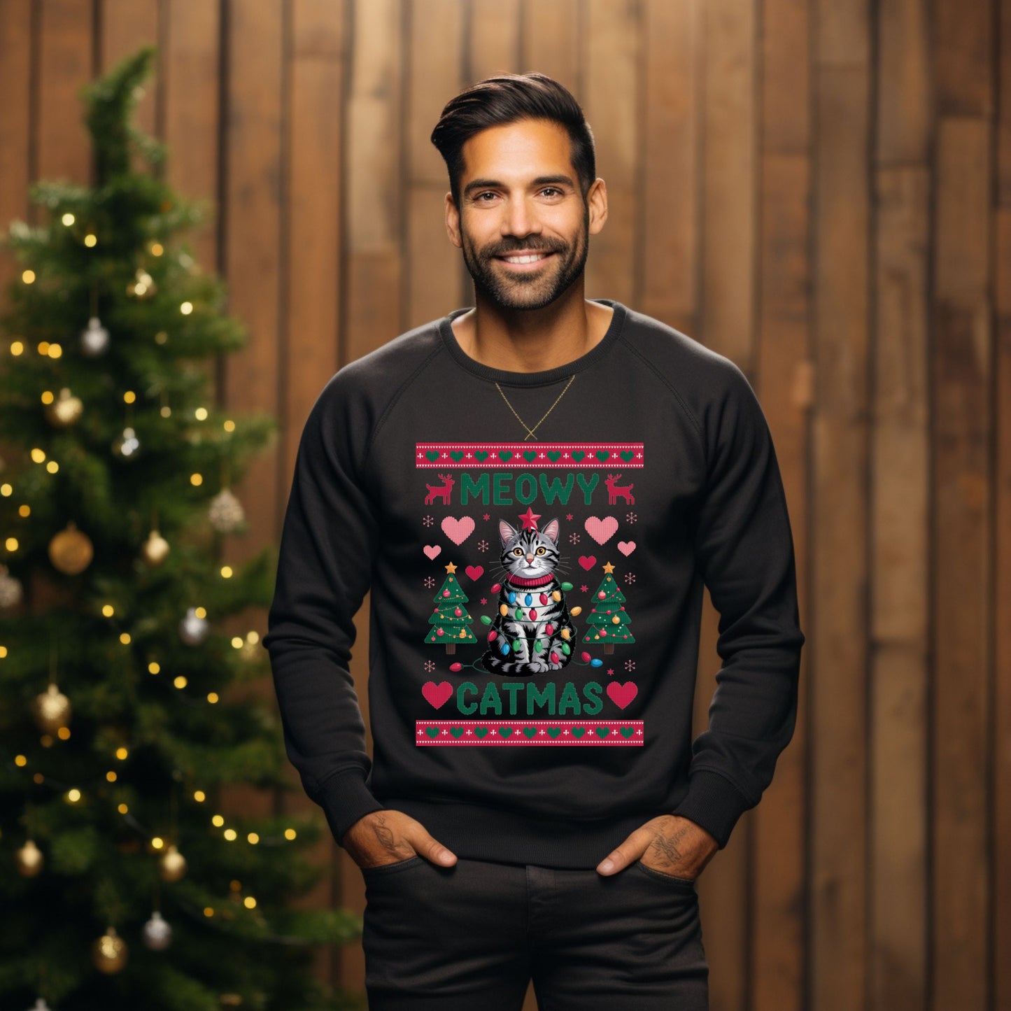 Meowy Catmas Christmas Sweatshirt for Cat Lovers Cozy Xmas Sweat, Holiday Ugly Sweater style Apparel Christmas Sweater, Funny Cat Sweatshirt