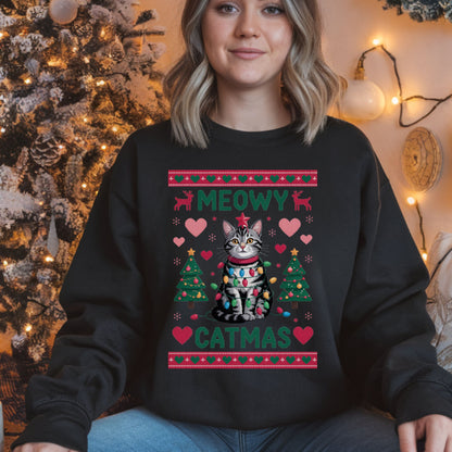 Meowy Catmas Christmas Sweatshirt for Cat Lovers Cozy Xmas Sweat, Holiday Ugly Sweater style Apparel Christmas Sweater, Funny Cat Sweatshirt