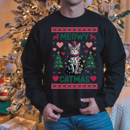 Meowy Catmas Christmas Sweatshirt for Cat Lovers Cozy Xmas Sweat, Holiday Ugly Sweater style Apparel Christmas Sweater, Funny Cat Sweatshirt