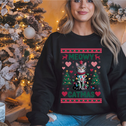 Meowy Catmas Christmas Sweatshirt for Cat Lovers Cozy Xmas Sweat, Holiday Ugly Sweater style Apparel Christmas Sweater, Funny Cat Sweatshirt