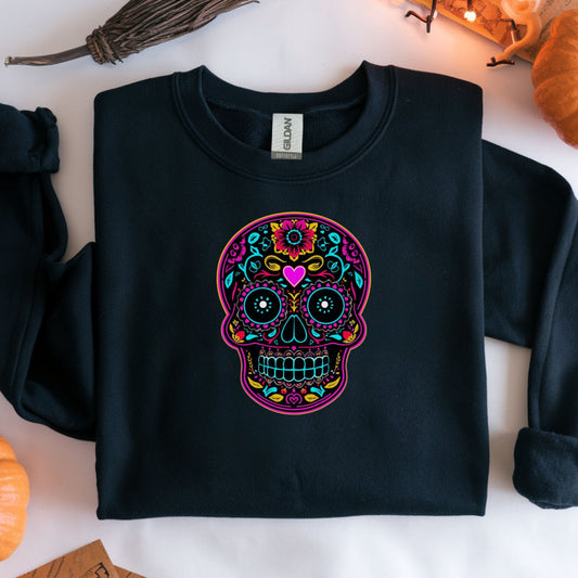 Colorful Sugar Skull SweatShirt, Day of the Dead Shirt, Dia de los Muertos Sweatshirt, Mexican Calavera Graphic, Festival Halloween Top