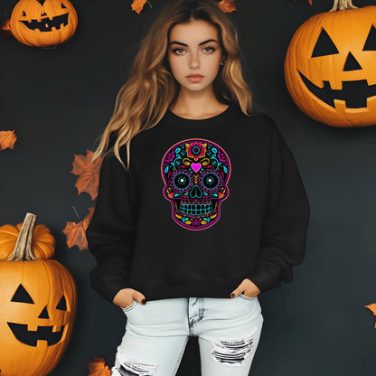 Colorful Sugar Skull SweatShirt, Day of the Dead Shirt, Dia de los Muertos Sweatshirt, Mexican Calavera Graphic, Festival Halloween Top