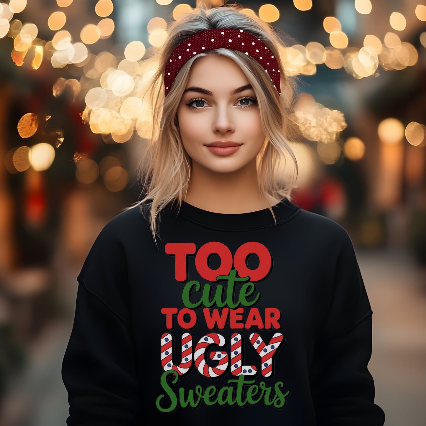 Too Cute to Wear Ugly Sweaters Sweatshirt, Funny Christmas Party Sweatshirt, Cute Holiday Graphic Top, Festive Xmas Candy Cane Lettering