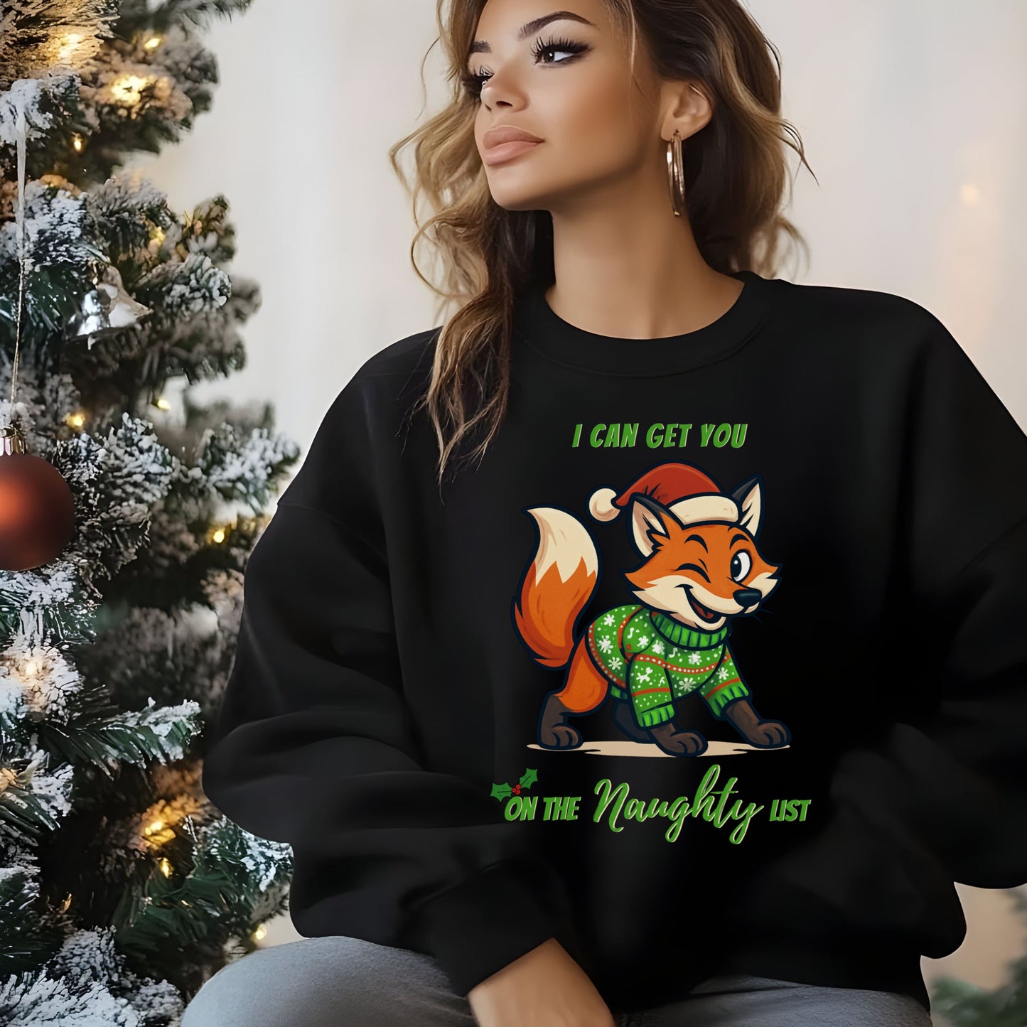 Naughty List Christmas SweatShirt, Funny Fox Christmas Sweat, Cute Holiday Graphic Top, Festive Xmas Party Outfit Gift for her Gift for him