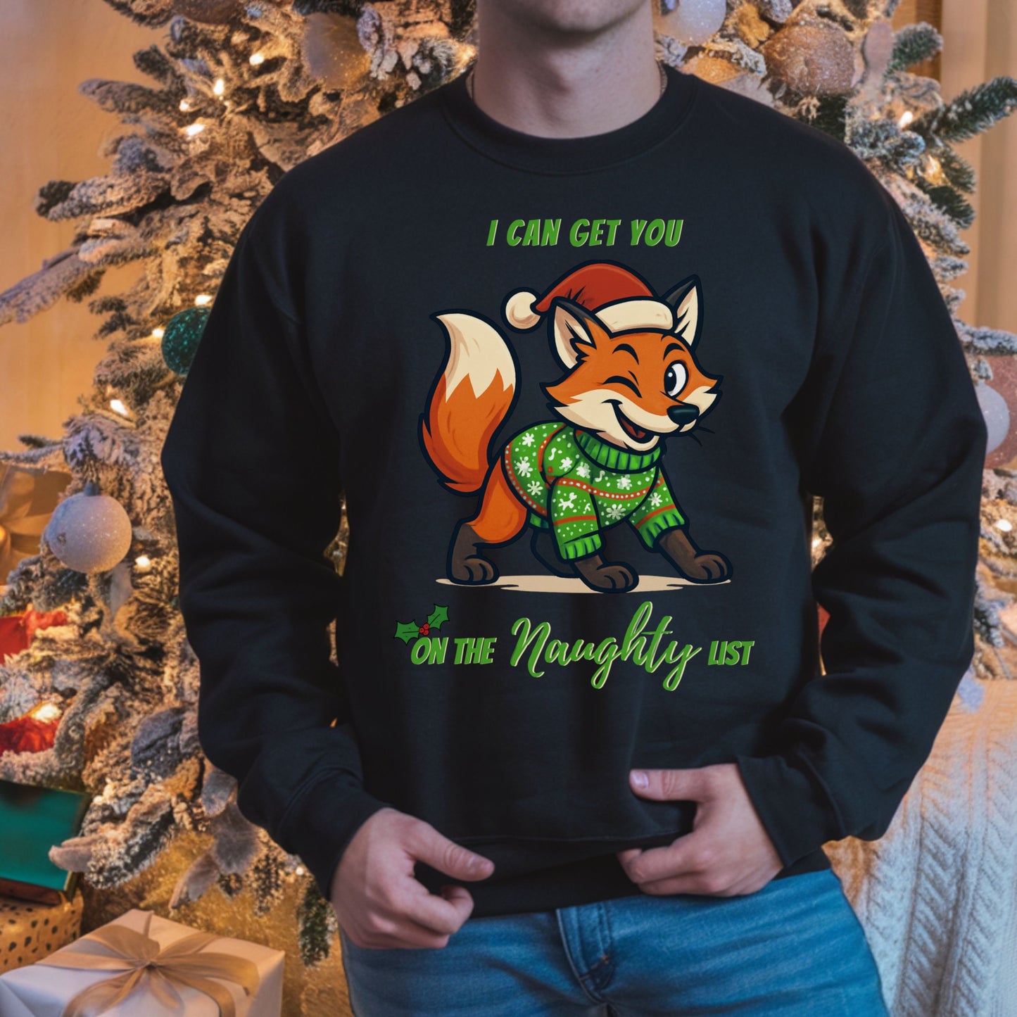 Naughty List Christmas SweatShirt, Funny Fox Christmas Sweat, Cute Holiday Graphic Top, Festive Xmas Party Outfit Gift for her Gift for him
