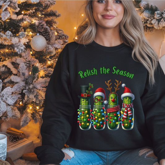 Relish the Season Christmas Pickle Sweatshirt, Funny Holiday Sweat, Cute Xmas Cucumber Jar Lights Top, Xmas Pickle Humor Gift for her