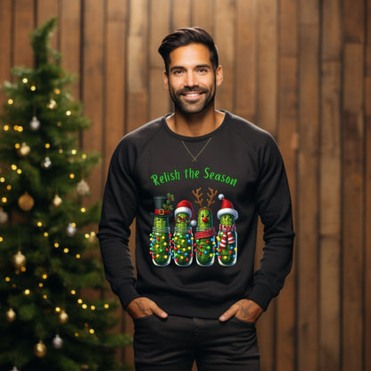 Relish the Season Christmas Pickle Sweatshirt, Funny Holiday Sweat, Cute Xmas Cucumber Jar Lights Top, Xmas Pickle Humor Gift for her