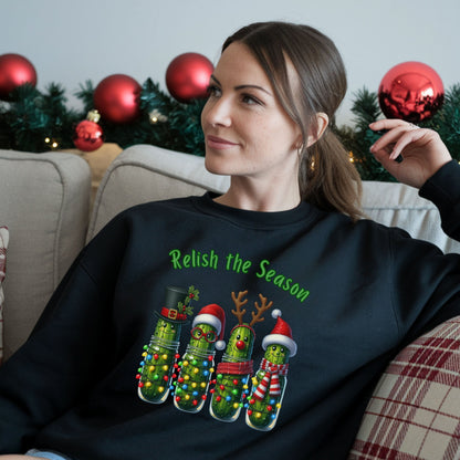 Relish the Season Christmas Pickle Sweatshirt, Funny Holiday Sweat, Cute Xmas Cucumber Jar Lights Top, Xmas Pickle Humor Gift for her
