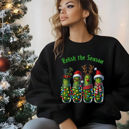 Relish the Season Christmas Pickle Sweatshirt, Funny Holiday Sweat, Cute Xmas Cucumber Jar Lights Top, Xmas Pickle Humor Gift for her