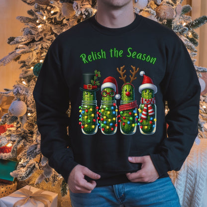 Relish the Season Christmas Pickle Sweatshirt, Funny Holiday Sweat, Cute Xmas Cucumber Jar Lights Top, Xmas Pickle Humor Gift for her