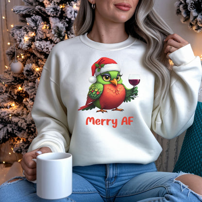 Merry AF Christmas Shirt, Funny Wine Lover Holiday Shirt, Cute Bird Santa Hat Xmas Drinking Sweatshirt, Ugly Sweater Alternative Gift