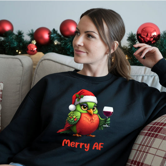 Merry AF Christmas Shirt, Funny Wine Lover Holiday Shirt, Cute Bird Santa Hat Xmas Drinking Sweatshirt, Ugly Sweater Alternative Gift