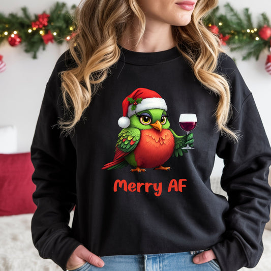 Merry AF Christmas Shirt, Funny Wine Lover Holiday Shirt, Cute Bird Santa Hat Xmas Drinking Sweatshirt, Ugly Sweater Alternative Gift