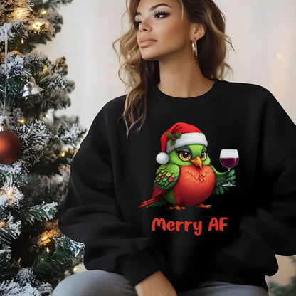 Merry AF Christmas Shirt, Funny Wine Lover Holiday Shirt, Cute Bird Santa Hat Xmas Drinking Sweatshirt, Ugly Sweater Alternative Gift