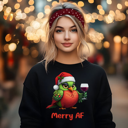 Merry AF Christmas Shirt, Funny Wine Lover Holiday Shirt, Cute Bird Santa Hat Xmas Drinking Sweatshirt, Ugly Sweater Alternative Gift