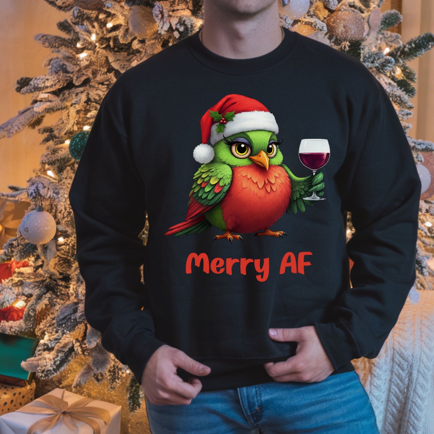 Merry AF Christmas Shirt, Funny Wine Lover Holiday Shirt, Cute Bird Santa Hat Xmas Drinking Sweatshirt, Ugly Sweater Alternative Gift