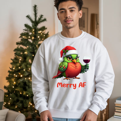 Merry AF Christmas Shirt, Funny Wine Lover Holiday Shirt, Cute Bird Santa Hat Xmas Drinking Sweatshirt, Ugly Sweater Alternative Gift