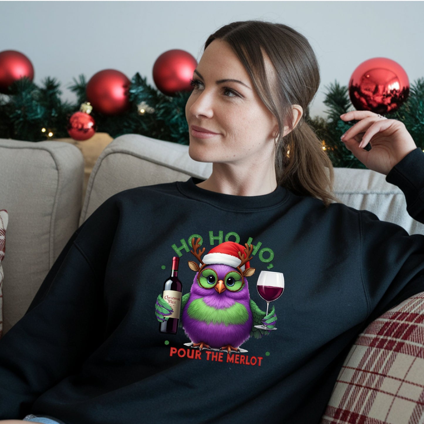 Ho Ho Ho Pour the Merlot Shirt, Funny Christmas Wine Lover SweatShirt, Cute Owl Holiday Party Tee, Ugly Sweater Alternative Xmas Gift