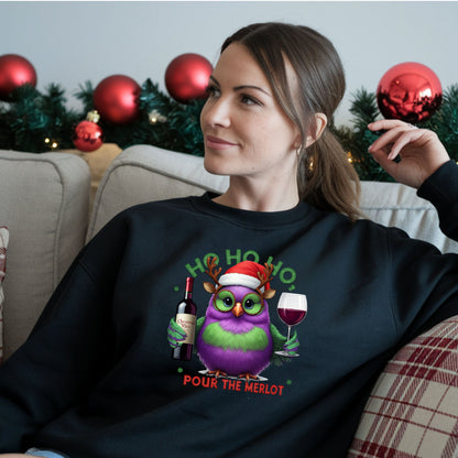 Ho Ho Ho Pour the Merlot Shirt, Funny Christmas Wine Lover SweatShirt, Cute Owl Holiday Party Tee, Ugly Sweater Alternative Xmas Gift