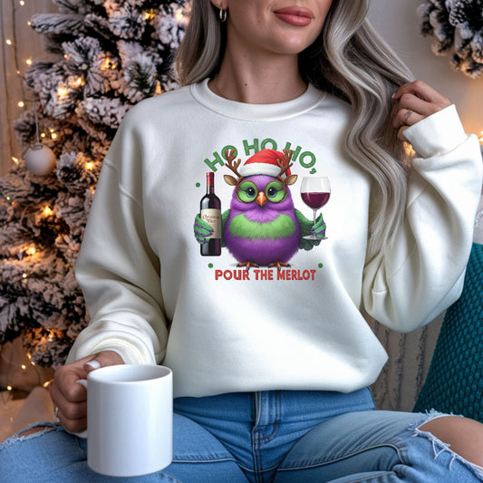 Ho Ho Ho Pour the Merlot Shirt, Funny Christmas Wine Lover SweatShirt, Cute Owl Holiday Party Tee, Ugly Sweater Alternative Xmas Gift