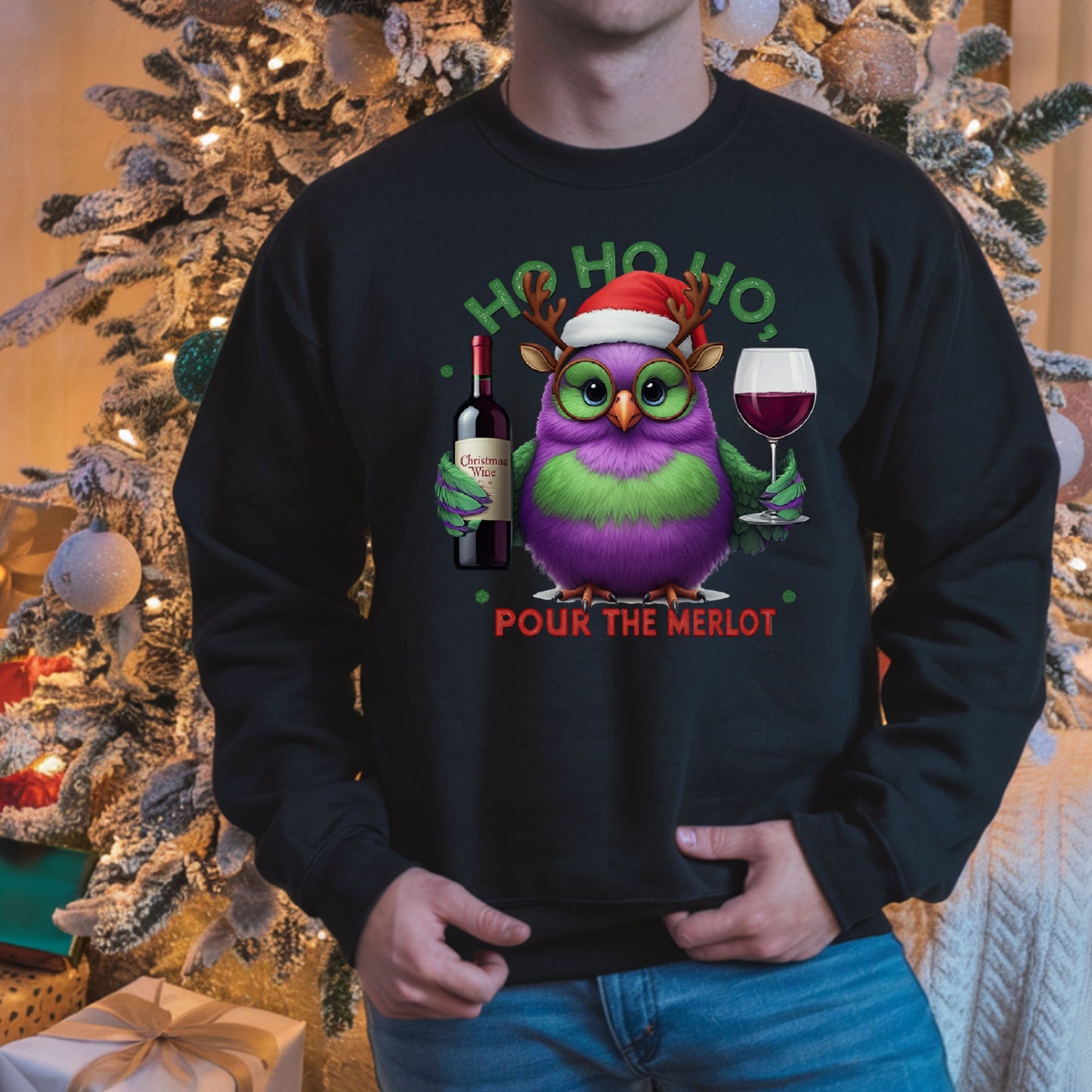 Ho Ho Ho Pour the Merlot Shirt, Funny Christmas Wine Lover SweatShirt, Cute Owl Holiday Party Tee, Ugly Sweater Alternative Xmas Gift