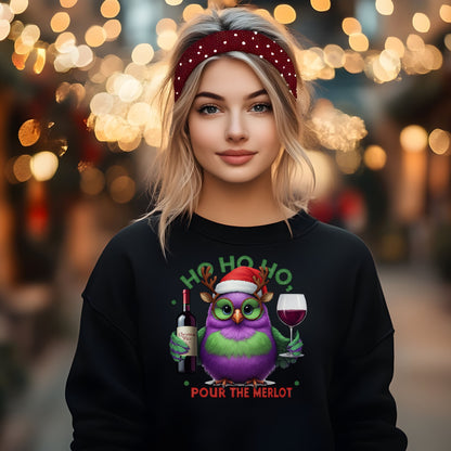 Ho Ho Ho Pour the Merlot Shirt, Funny Christmas Wine Lover SweatShirt, Cute Owl Holiday Party Tee, Ugly Sweater Alternative Xmas Gift