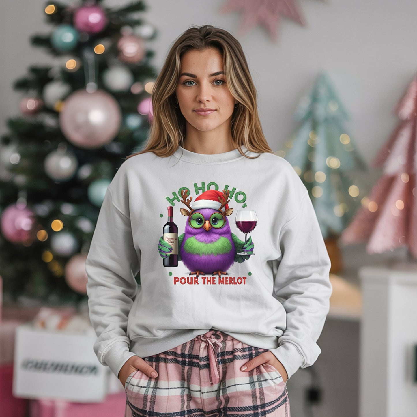 Ho Ho Ho Pour the Merlot Shirt, Funny Christmas Wine Lover SweatShirt, Cute Owl Holiday Party Tee, Ugly Sweater Alternative Xmas Gift