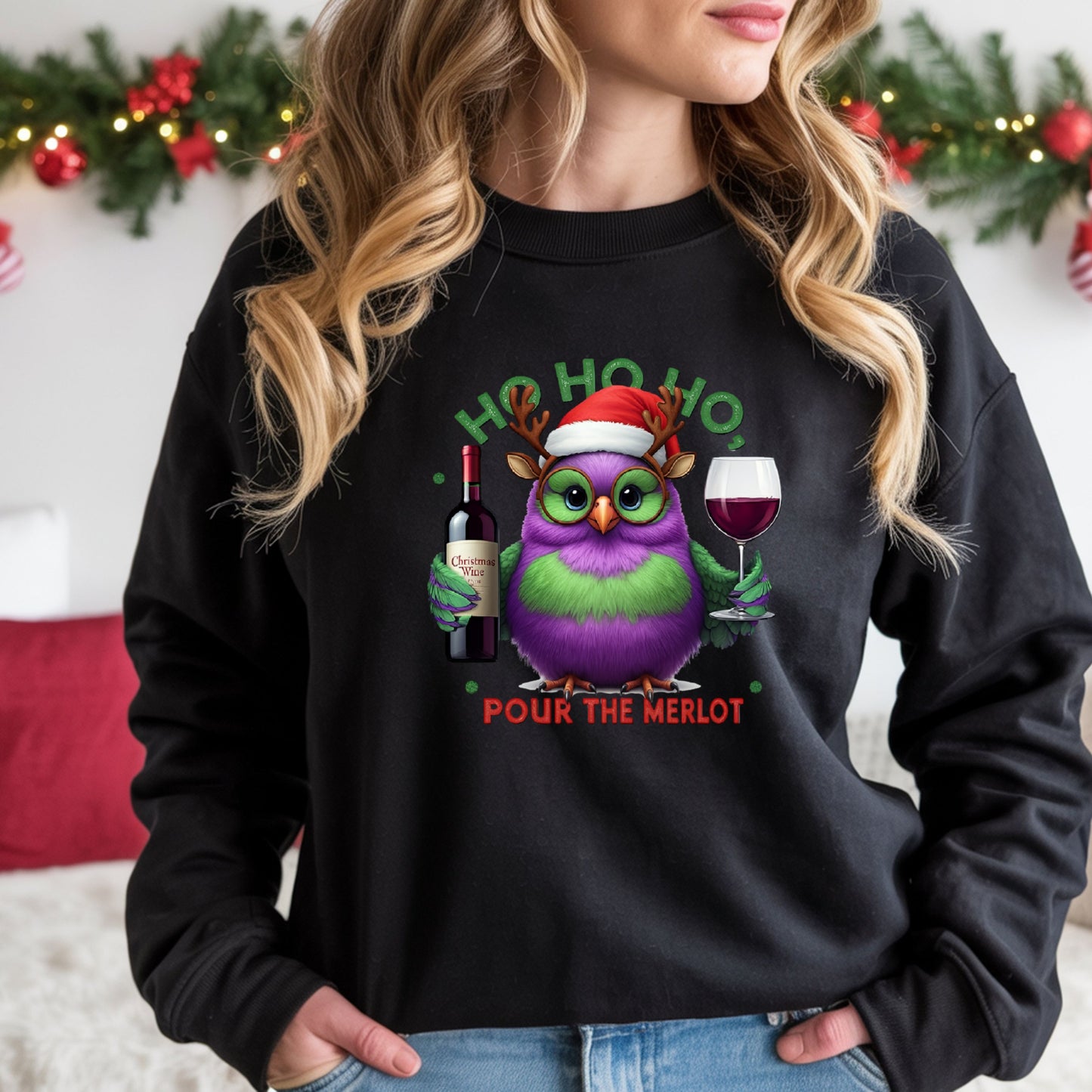 Ho Ho Ho Pour the Merlot Shirt, Funny Christmas Wine Lover SweatShirt, Cute Owl Holiday Party Tee, Ugly Sweater Alternative Xmas Gift