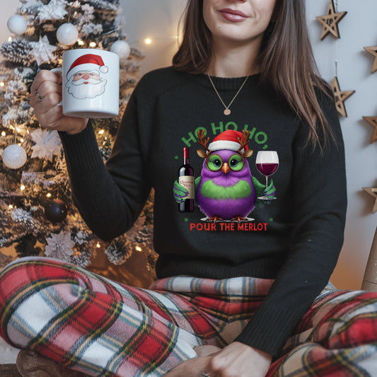 Ho Ho Ho Pour the Merlot Shirt, Funny Christmas Wine Lover SweatShirt, Cute Owl Holiday Party Tee, Ugly Sweater Alternative Xmas Gift