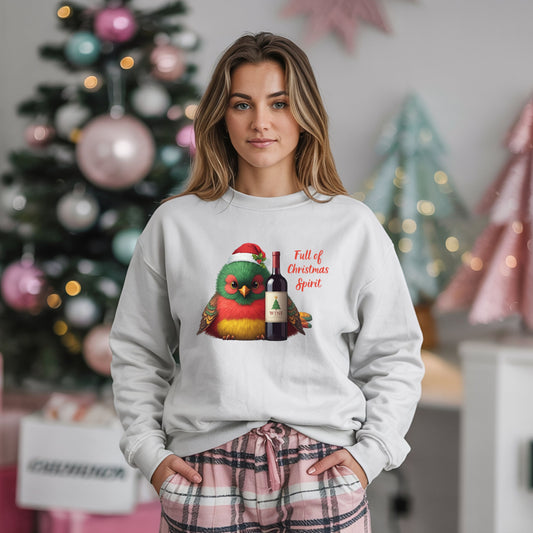 Full of Christmas Spirit Sweatshirt Funny Wine Lover Christmas Sweat, Drinking Party Shirt, Cute Bird Santa Hat Xmas Gift
