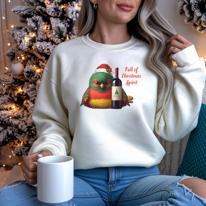 Full of Christmas Spirit Sweatshirt Funny Wine Lover Christmas Sweat, Drinking Party Shirt, Cute Bird Santa Hat Xmas Gift