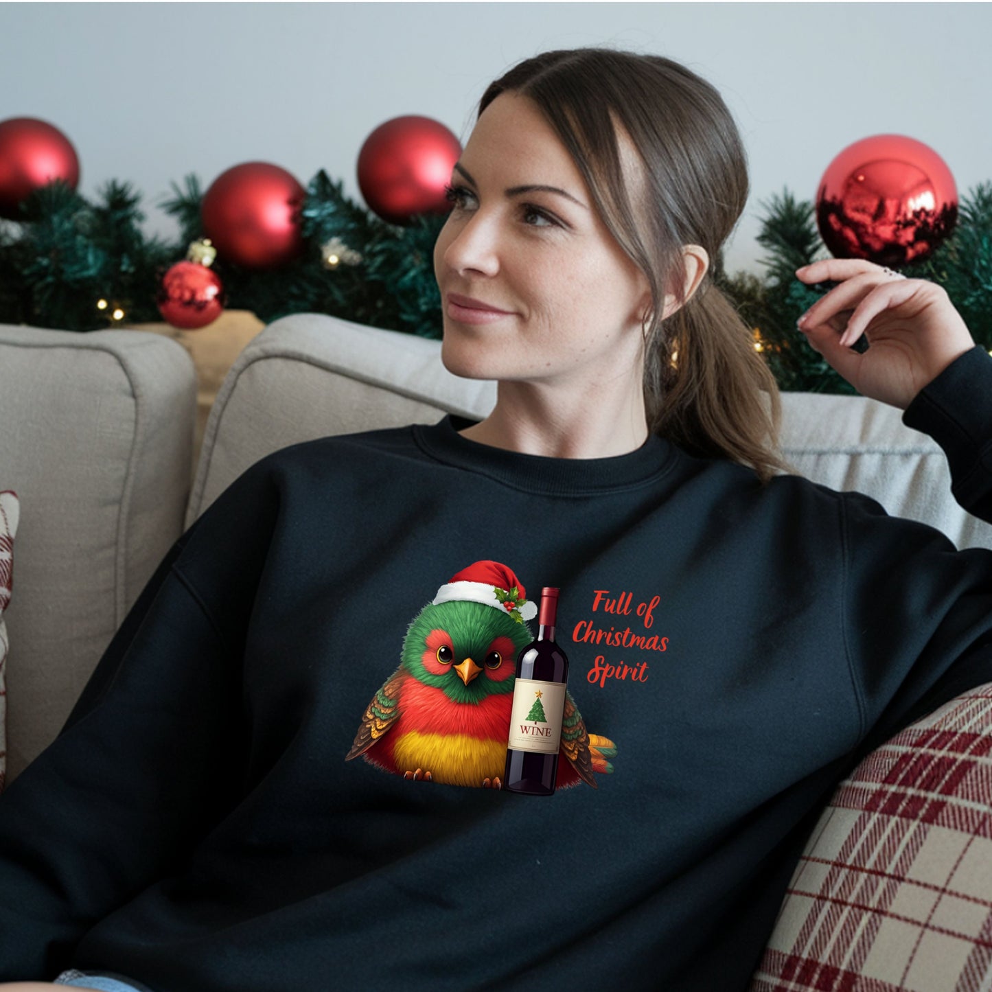 Full of Christmas Spirit Sweatshirt Funny Wine Lover Christmas Sweat, Drinking Party Shirt, Cute Bird Santa Hat Xmas Gift