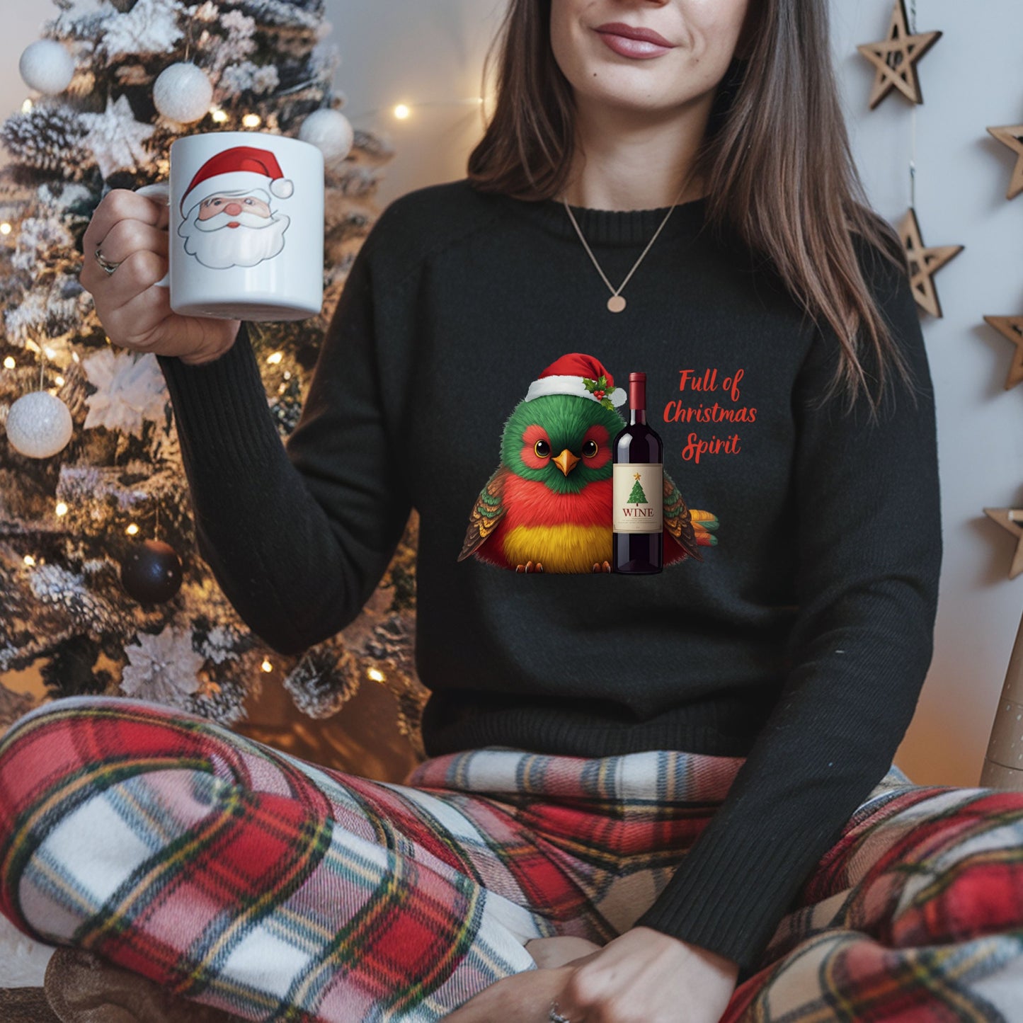 Full of Christmas Spirit Sweatshirt Funny Wine Lover Christmas Sweat, Drinking Party Shirt, Cute Bird Santa Hat Xmas Gift