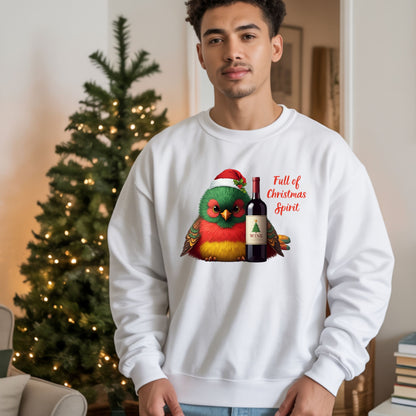 Full of Christmas Spirit Sweatshirt Funny Wine Lover Christmas Sweat, Drinking Party Shirt, Cute Bird Santa Hat Xmas Gift