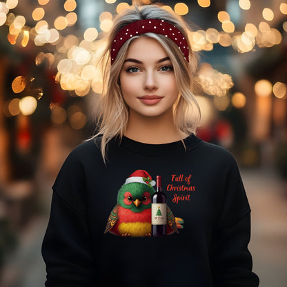 Full of Christmas Spirit Sweatshirt Funny Wine Lover Christmas Sweat, Drinking Party Shirt, Cute Bird Santa Hat Xmas Gift