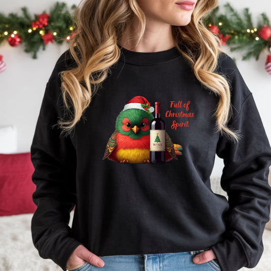 Full of Christmas Spirit Sweatshirt Funny Wine Lover Christmas Sweat, Drinking Party Shirt, Cute Bird Santa Hat Xmas Gift