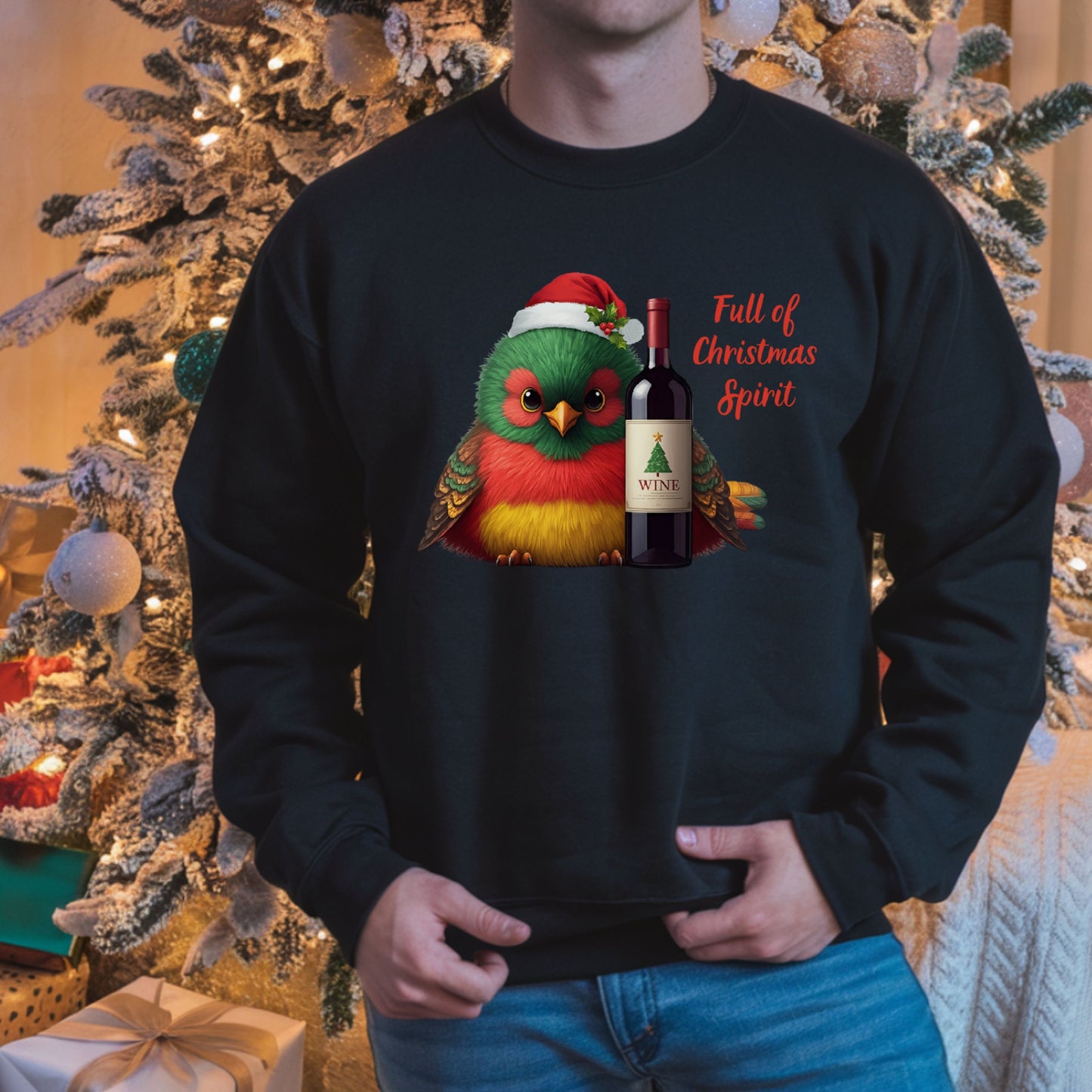 Full of Christmas Spirit Sweatshirt Funny Wine Lover Christmas Sweat, Drinking Party Shirt, Cute Bird Santa Hat Xmas Gift