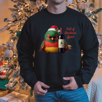 Full of Christmas Spirit Sweatshirt Funny Wine Lover Christmas Sweat, Drinking Party Shirt, Cute Bird Santa Hat Xmas Gift
