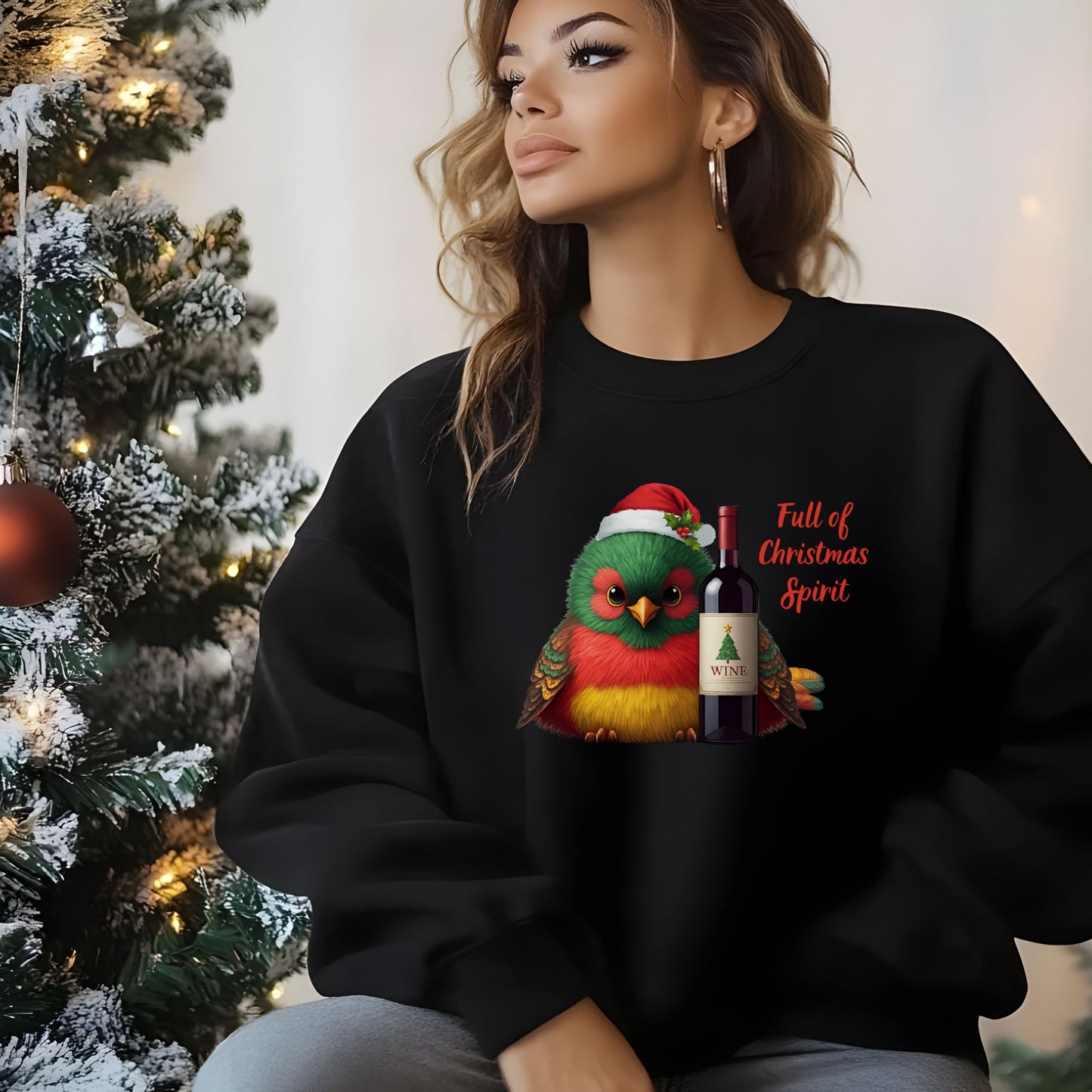 Full of Christmas Spirit Sweatshirt Funny Wine Lover Christmas Sweat, Drinking Party Shirt, Cute Bird Santa Hat Xmas Gift