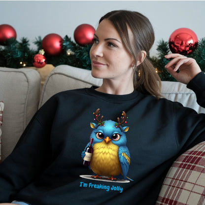 Freaking Jolly Shirt, Funny Christmas Wine Lover SweatShirt, Cute Holiday Bird Drinking Tee, Ugly Sweater Party Alternative Xmas Gift