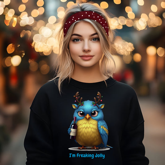 Freaking Jolly Shirt, Funny Christmas Wine Lover SweatShirt, Cute Holiday Bird Drinking Tee, Ugly Sweater Party Alternative Xmas Gift